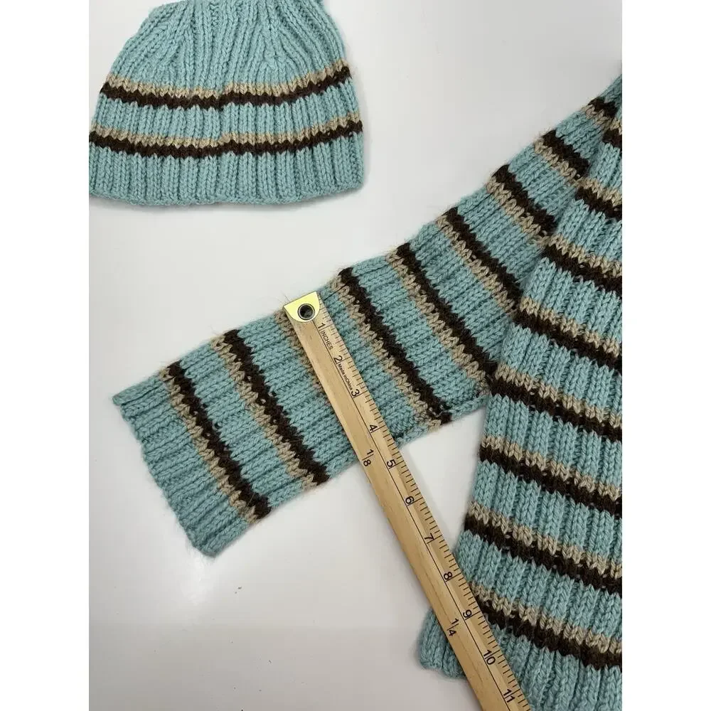 Handmade Childrens Winter Hat and Scarf Set Blue Brown Striped Knit